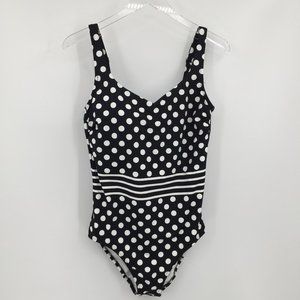 Lands End tank swimsuit polka dot black white one-piece 12 LONG TALL